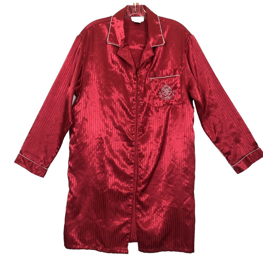 Kathryn Embroidered Long Sleeve Sleepshirt Nightshirt Red Striped Size Small